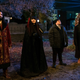 Nandor (Kayvan Novak), Nadja (Natasia Demetriou), Guillermo (Harvey Guillén), and Laszlo (Matt Berry) stand in their yard.